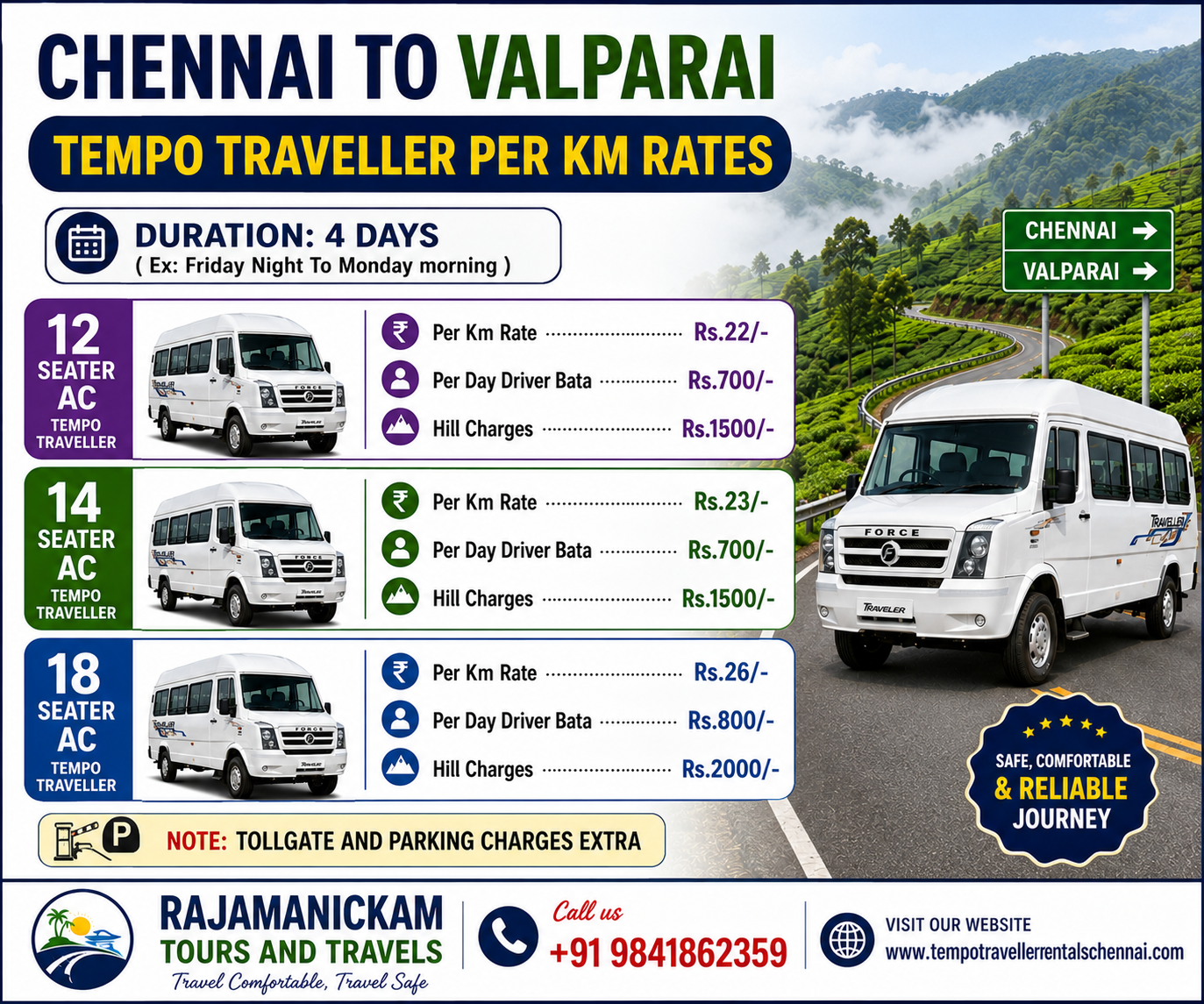 Chennai to Valparai Tempo Traveller Price Per Km Rate