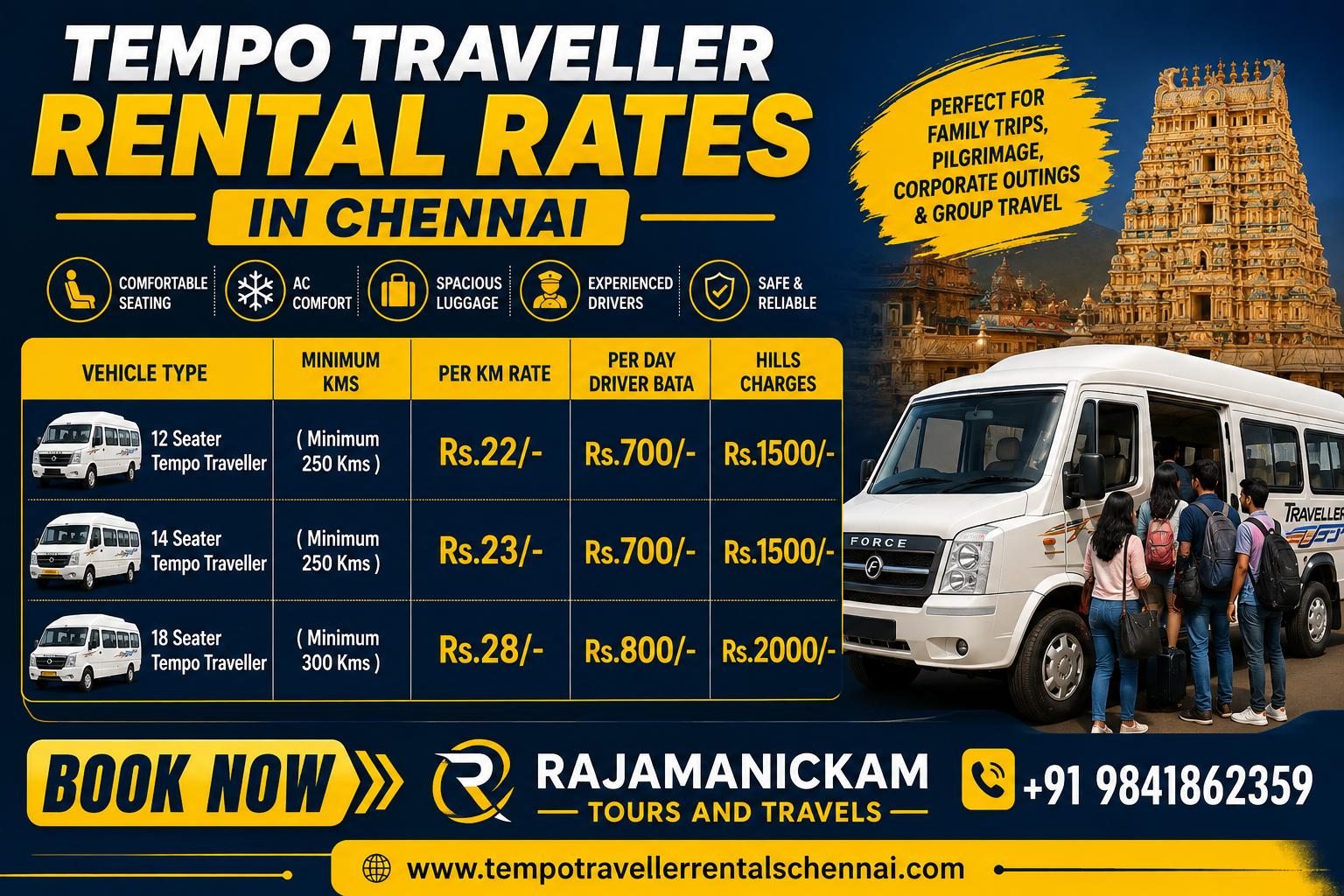 Tempo Traveller Rental rates in Chennai