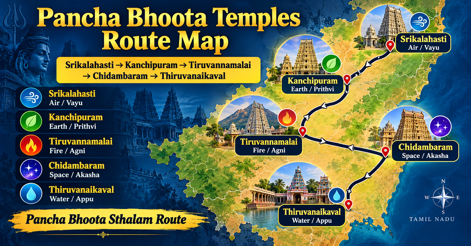 Pancha Bhoota Temples Route Map